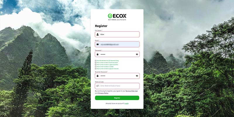 how to register your ECOX account fill details