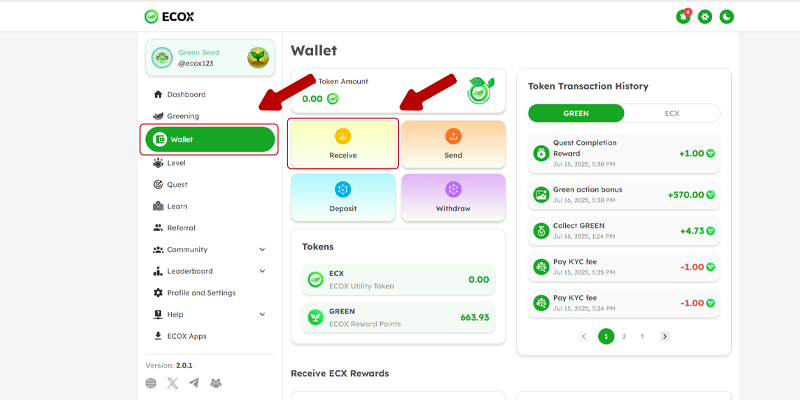 receive tokens in ECOX app